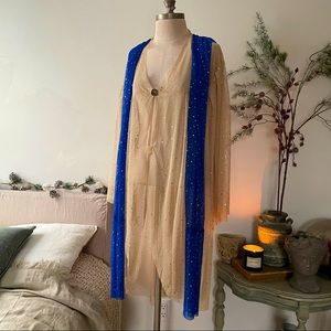 One of a kind handmade dress/jacket Broadway show cobalt blue sparkle tan